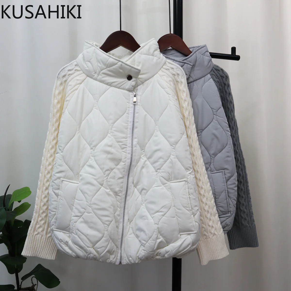 KUSAHIKI 2023 Autumn Winter New Stand Neck Knitted Sweater Patchwork Parka Coat Fashion Ziipper Causal Warm Parkas Jacket