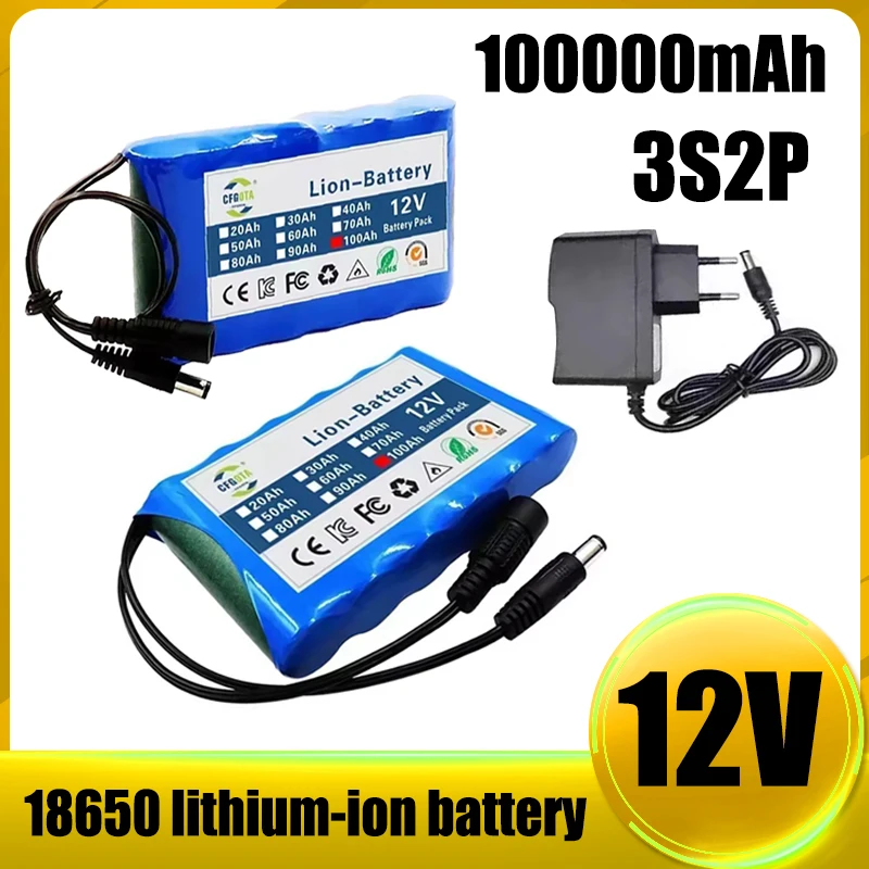 3S2P rechargeable lithium-ion battery pack, 12V 100000mAh with BMS protection board+12.6V charger