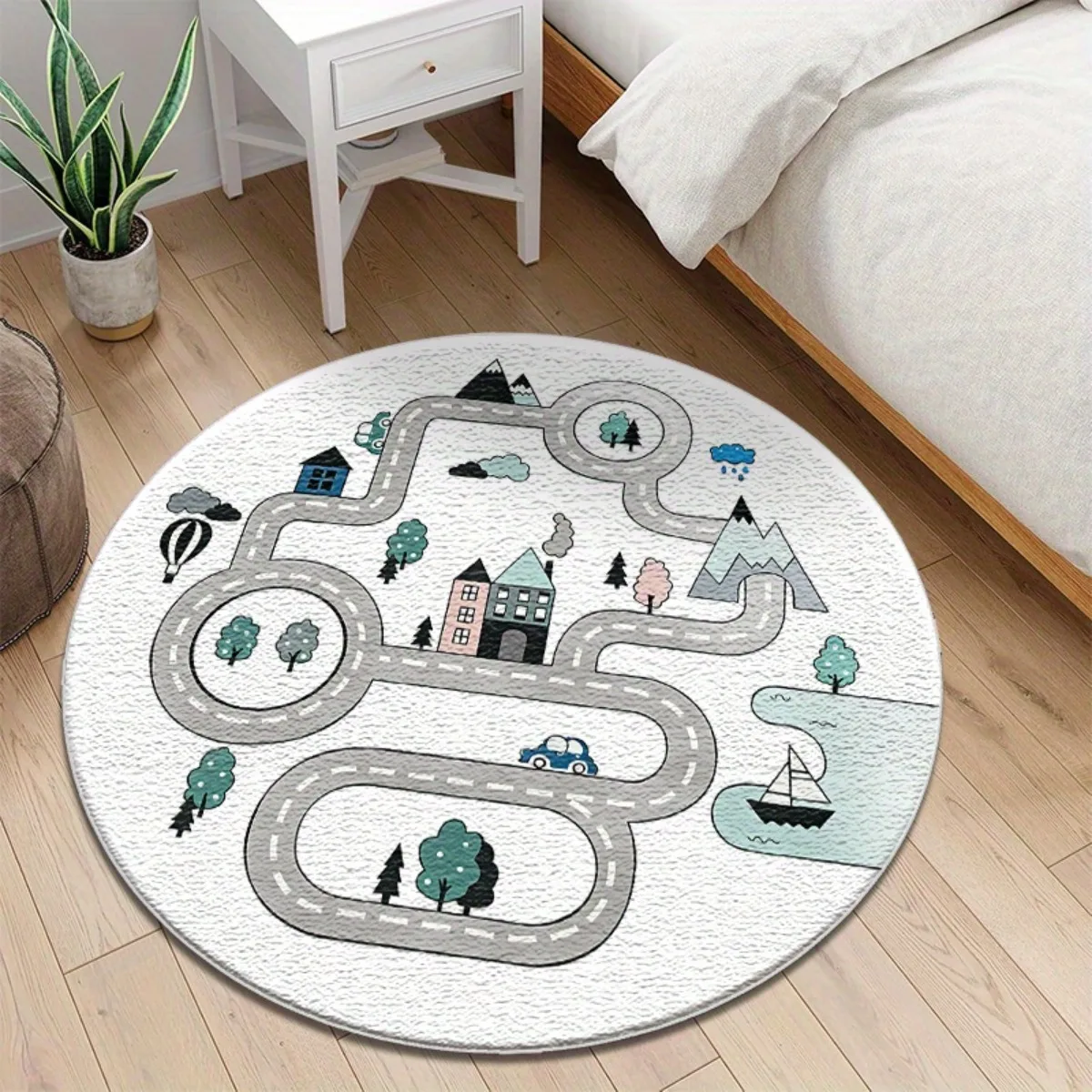 Kids Road Town Play Round Rug Non Slip Washable Soft 2D Flat Cartoon Vehicle Track Themed Floor Carpet For Home Decoration