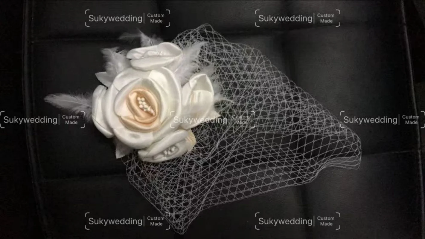 Flower Bridal Birdcage Veil  Flowers Blusher Veil Feather Short Veil Party Wedding Veil White Bride Hats Cap Wedding Accessories