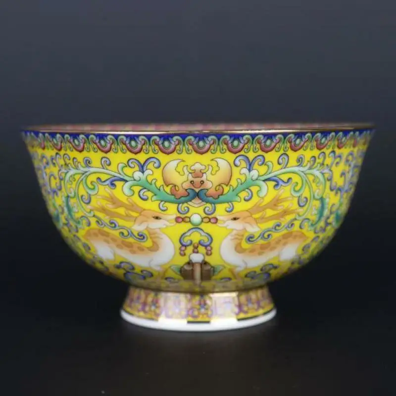 Chinese Rose Porcelain Jingdezhen Hand Painted Yellow Glaze Deer Design Bowl