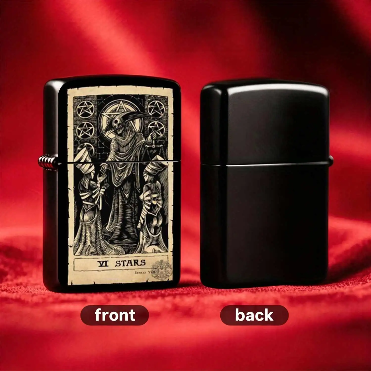 Flip-Top Pocket Windproof  Lighter, Dark Tarot Six of Pentacles Themed Engraved Body, Vintage Weathered Texture Portable Outdoor Igniter, Creative and Stylish Collectible Gift Trendy Smoking Accessory Humorous and Lighter