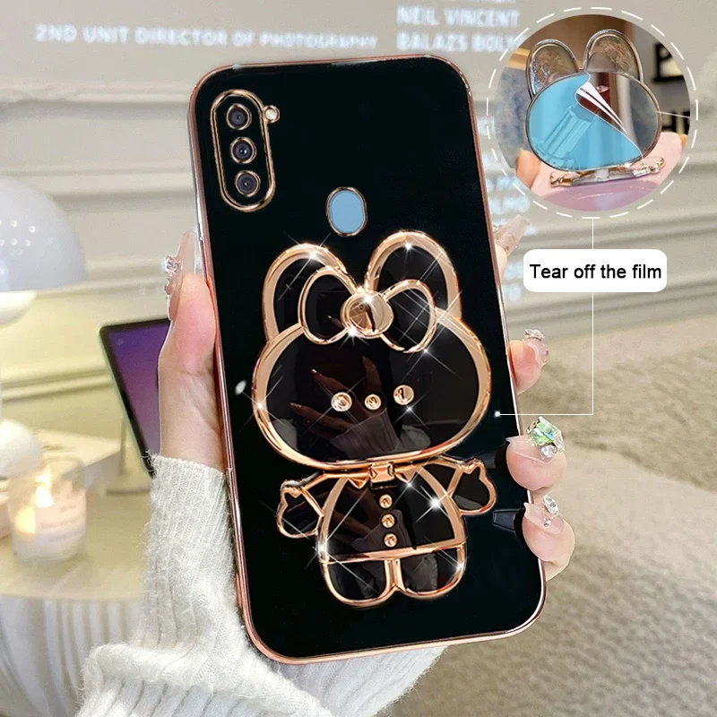 For Samsung Galaxy A11 Phone Case Soft Silicone Solid Color Plating Cartoon Rabbit Fold Stand Makeup Mirror Bracket Cover