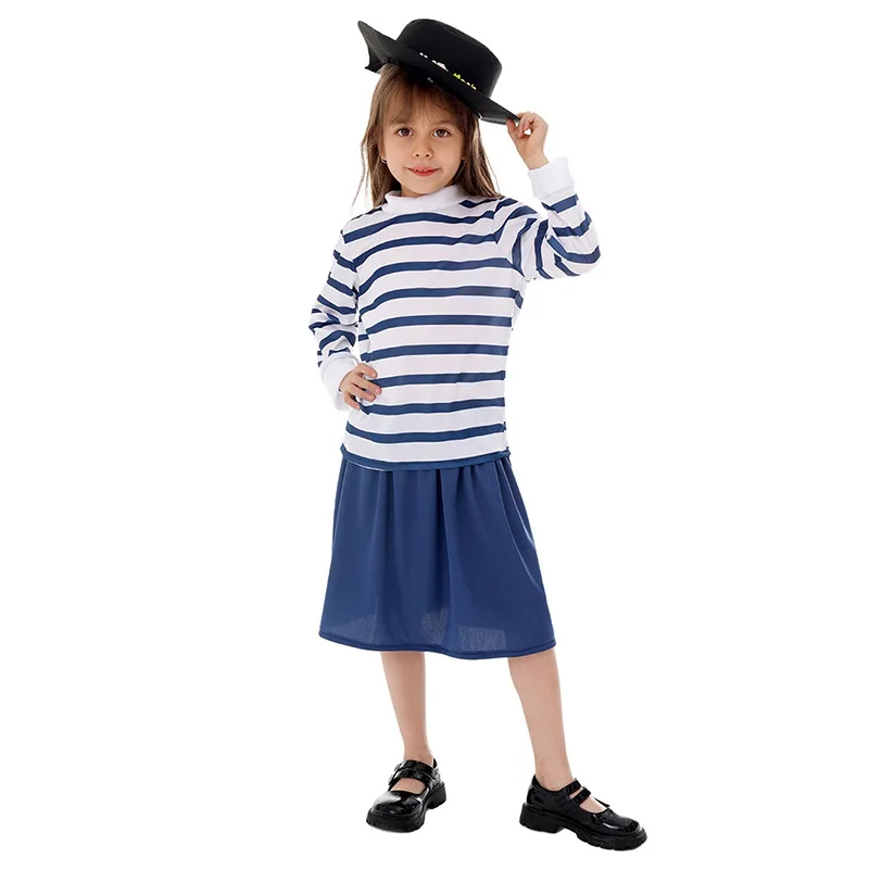 Girls Burglar Robber Costume World Book Week Fancy Dress Halloween Blue and White Striped Shirt Eye Patch Kids Burglar Costume