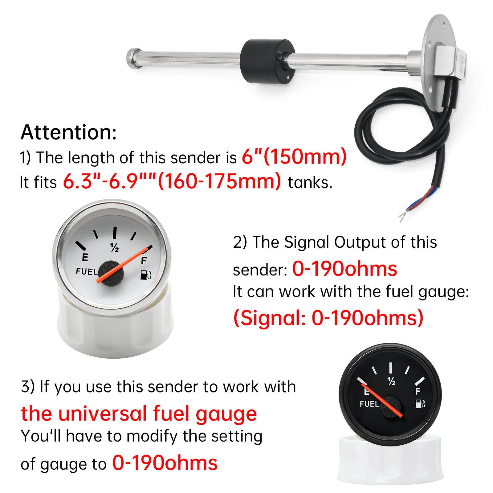 100–500 mm Edelstahl Marine Wasserstandsanzeige Sensor passend für Boot Auto Wasserstandsanzeige 0–190 Ohm mit roter Hintergrundbeleuchtung 9–32 V – Detail 5