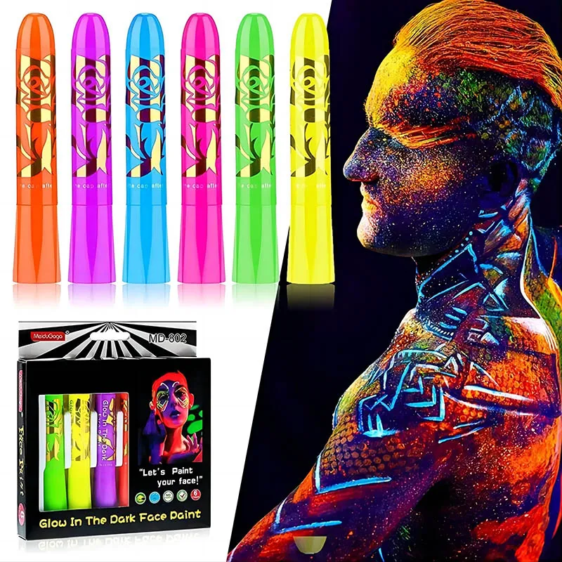 Glow in The Black Light Face Paint 6pcs UV Neon Glow Fluorescent Body Paint Crayons for Halloween Club Makeup Xmas Glow Party