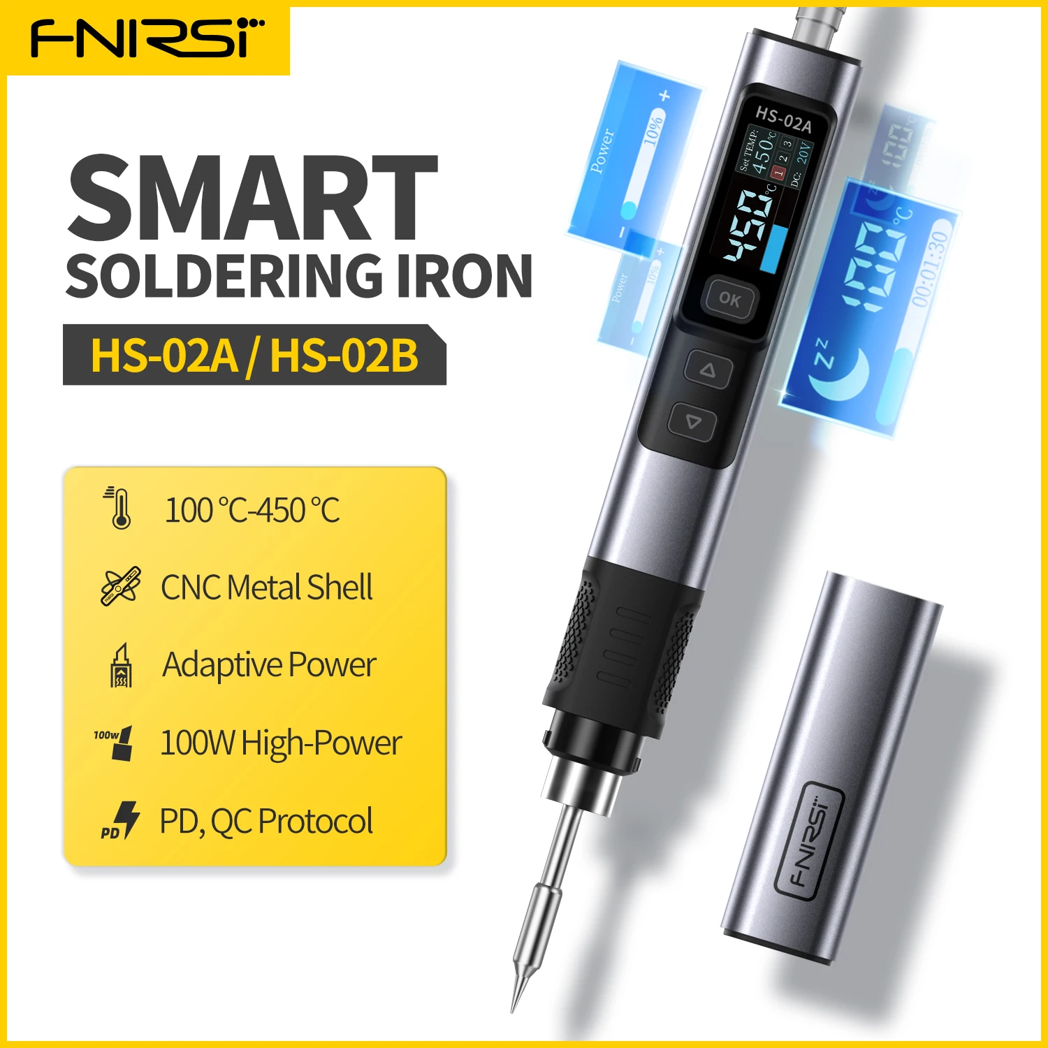Ferramenta de controle de calor ajustável FNIRSI HS-02 DC 20V 100-450 ℃   Dispositivo de reparo portátil PD 100W