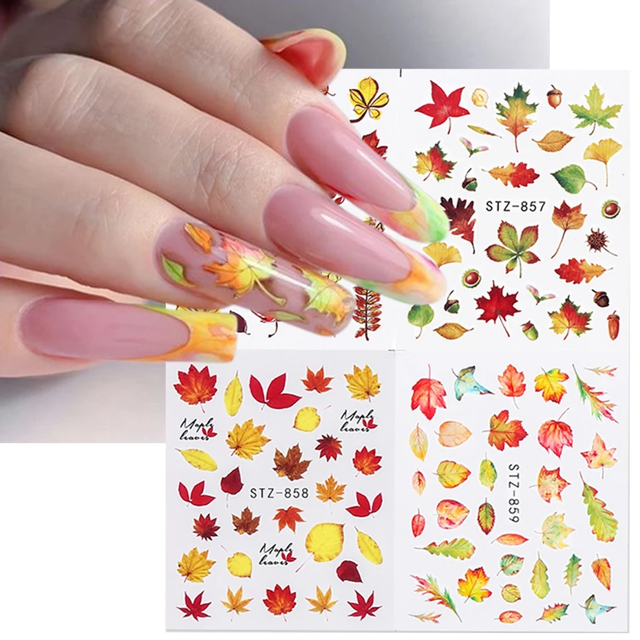 4pcs Autumn Nail Stickers Fall Maple Leaf Halloween Water Transfer Manicure Decals Foil Slider Nail Art Accessories BESTZ856-859