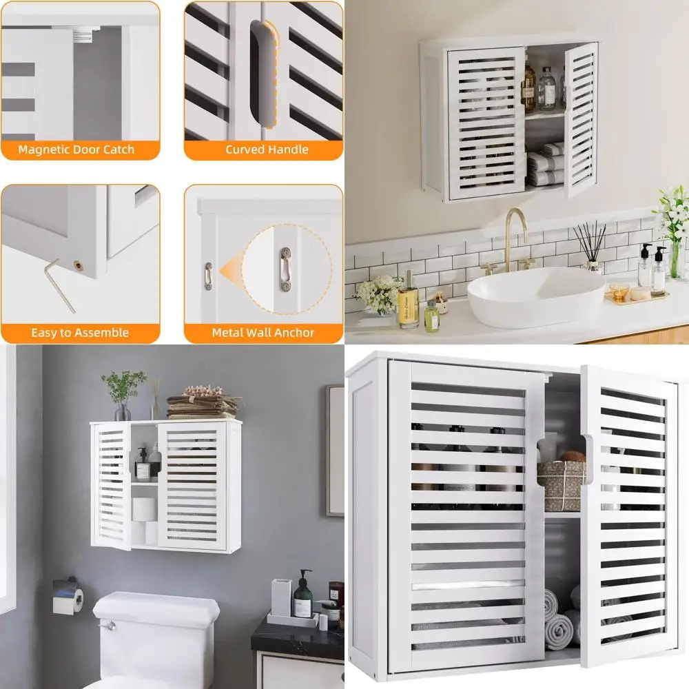 

Over-The-Toilet Bamboo Cabinet with Hanging Medicine Storage and Wall-Mounted Organizer, Double-Door Kitchen Pantry with Adjusta