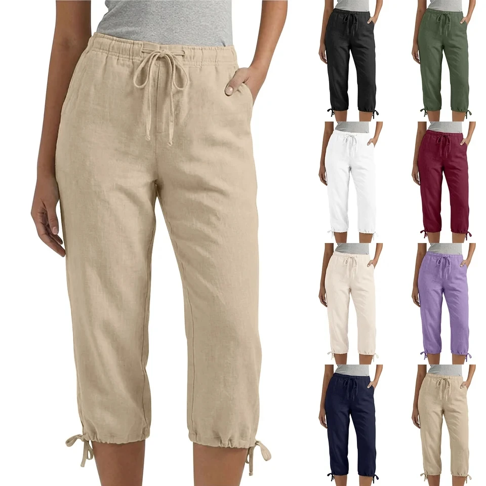 

Womens Capris Cotton Linen Pants Drawstring Elastic Waist Casual Beach Pants Breathable Cropped Trousers Solid Capri Pants