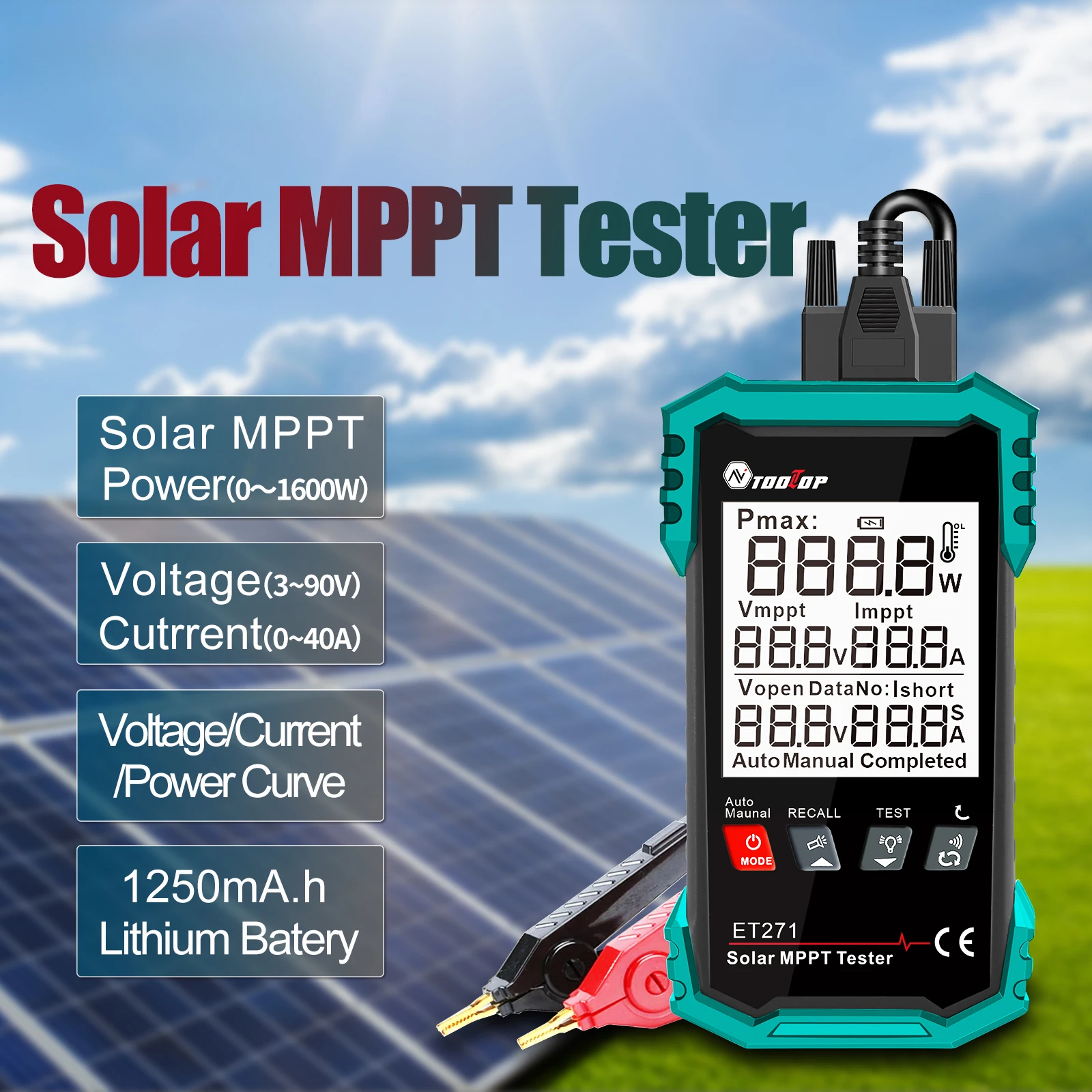TOOLTOP ET271 2000W Solar Power Tester MPPT 3.2-Inch Screen Photovoltaic Meter Voltage Current Test Overvoltage Protection funct
