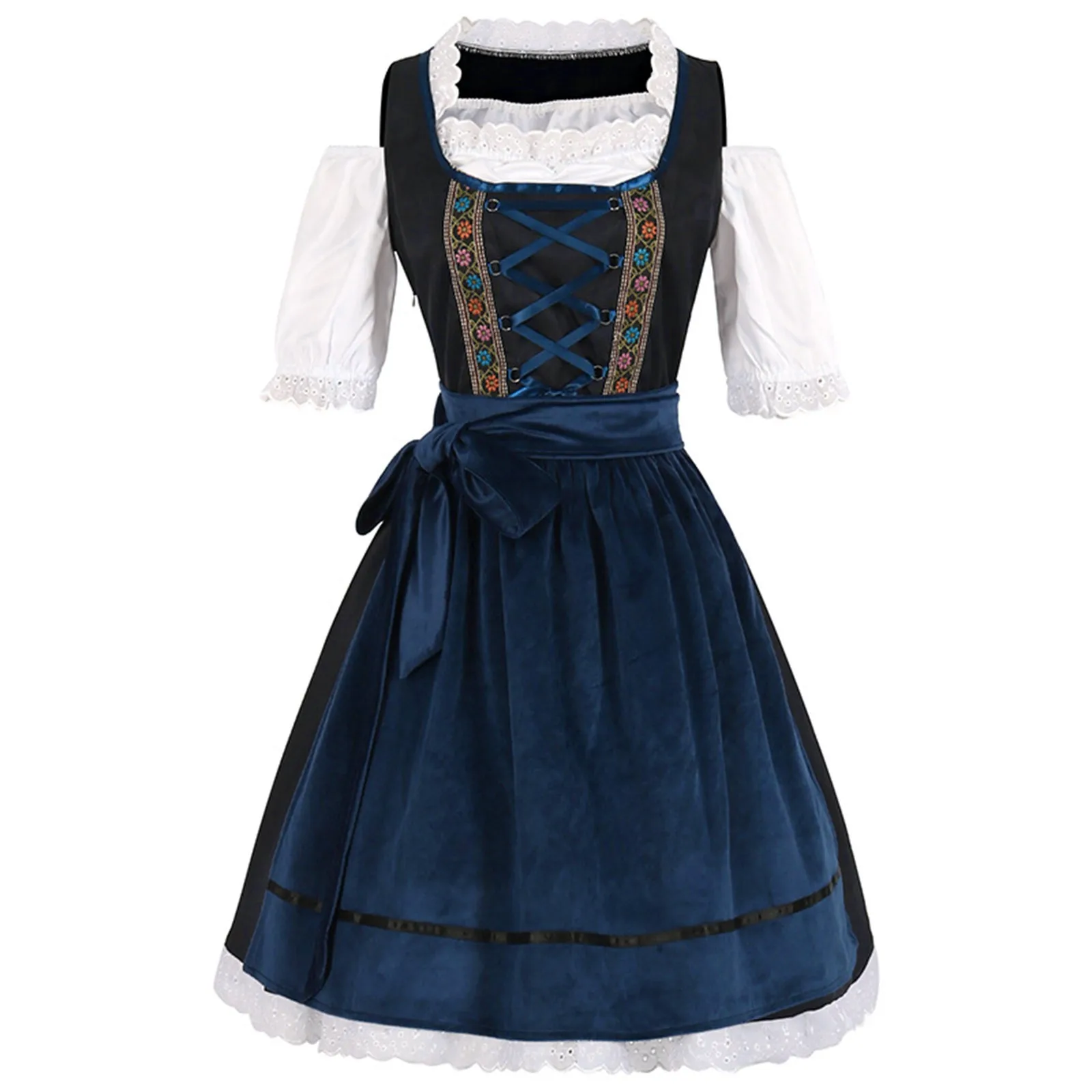 Women Oktoberfest Dress With Floral Sheer Apron Lace-Up Dirndl Dresses Festival Traditional Bavarian Beer Costumes Clothes