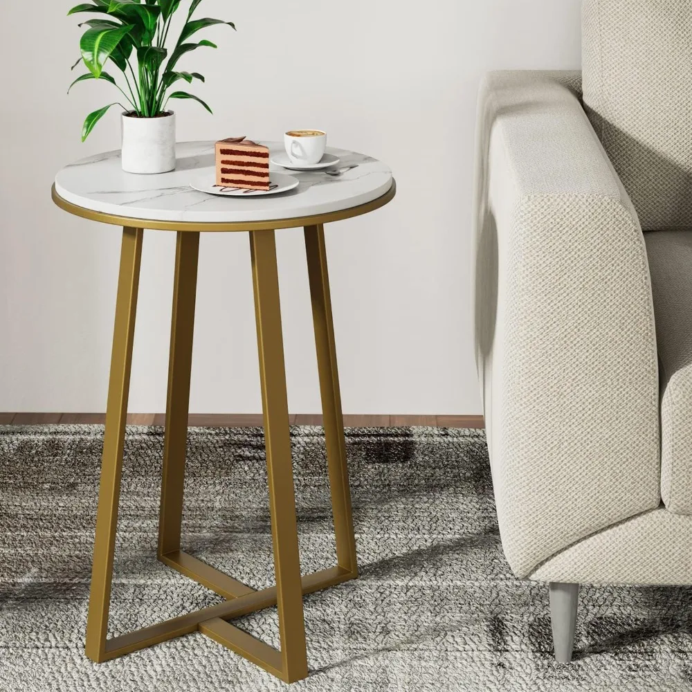 

Round Small End Table White Marble Texture MDF Top,Metal Frame Gold Color, Tall Coffee Tea End Table for Bed Room, Living Room