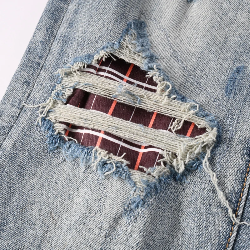 

Designer fashion new men's jeans perforated patch washed retro elastic slim fit light blue jeans hip-hop brand pants hombre
