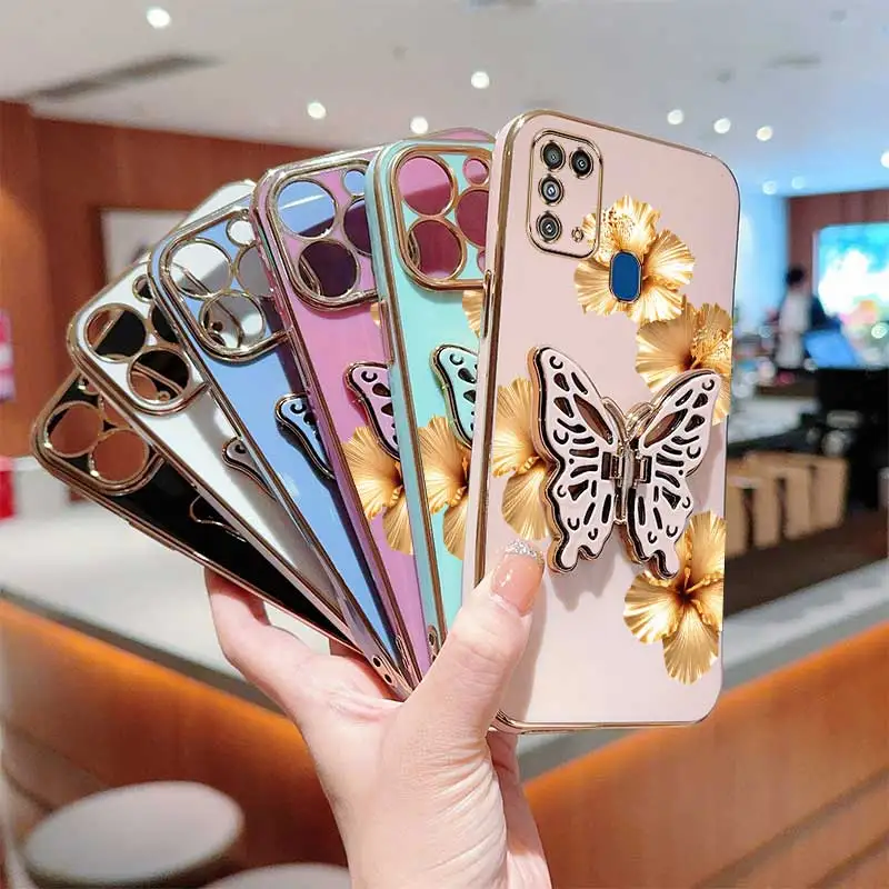 2pcs(Beautiful golden hibiscus phone Case+Butterfly Stand) For Galaxy M31/A51/A55 5G/A53 5G/M31Prime/M02  Phone Case