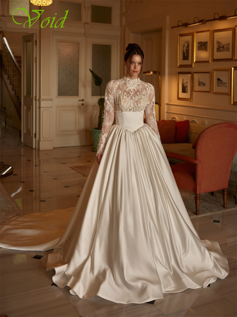 فستان زفاف مثير من الساتان الأبيض مخصص رسمي برقبة دائرية وأكمام طويلة زي العرائس ناعم على شكل حرف a ذيل شابيل فيستدو دي نوفيا #5