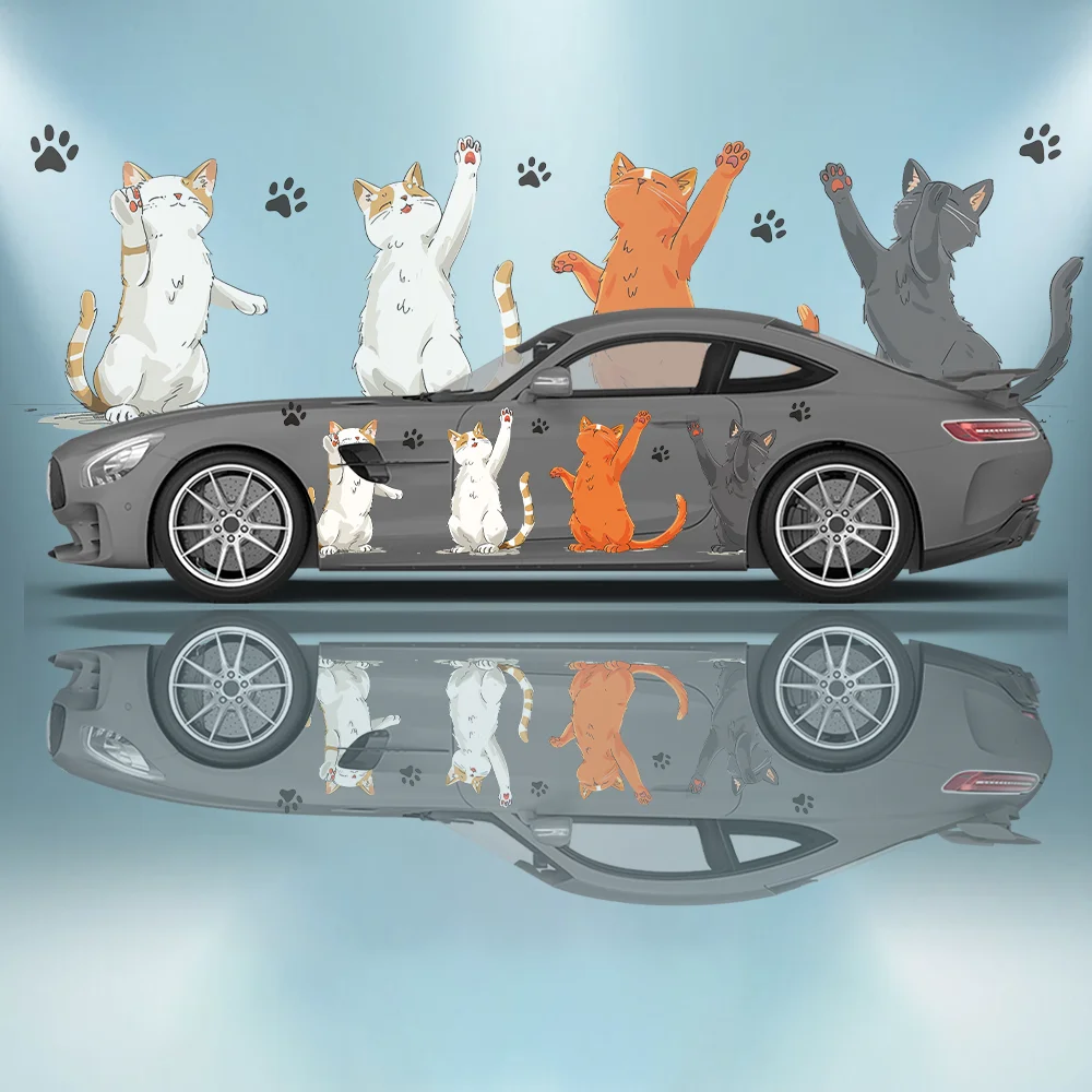 Cheerful Adorable Cartoon Cat Car Side Sticker Decor,PVC Waterproof Scratch Resistant Decal,Car Protection,Auto Accessories Gift