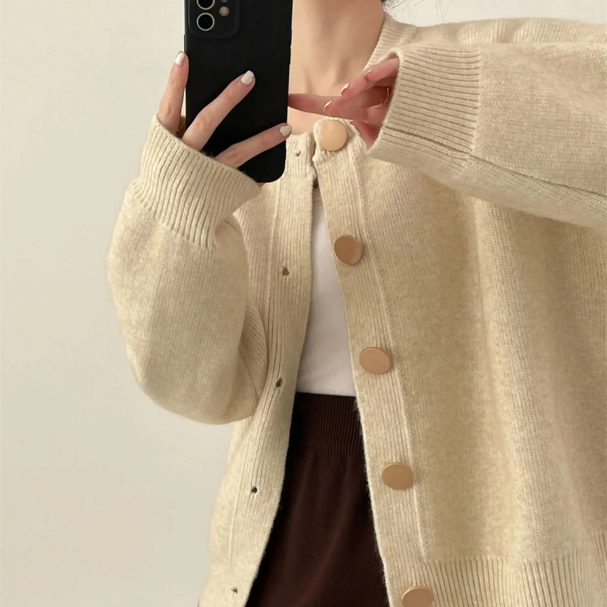Pull cardigan à col rond pour femme, manteau à simple boutonnage, couleur unie, automne, hiver