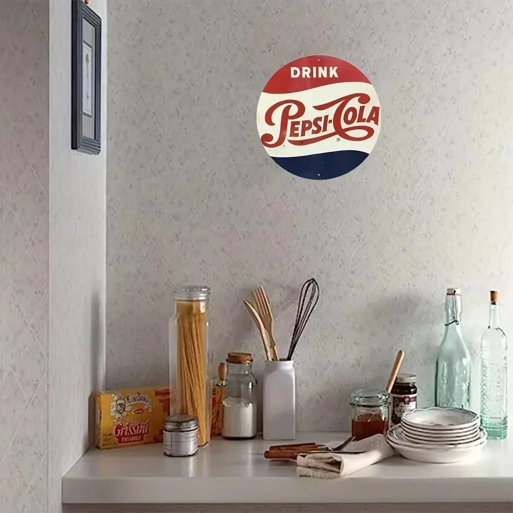 لافتة ألومنيوم مستديرة من RETROVIBES Vintage Pepsi - فن جداري عالي الدقة بالأشعة فوق البنفسجية، ديكور كلاسيكي لمشاعر غرفة الحنين