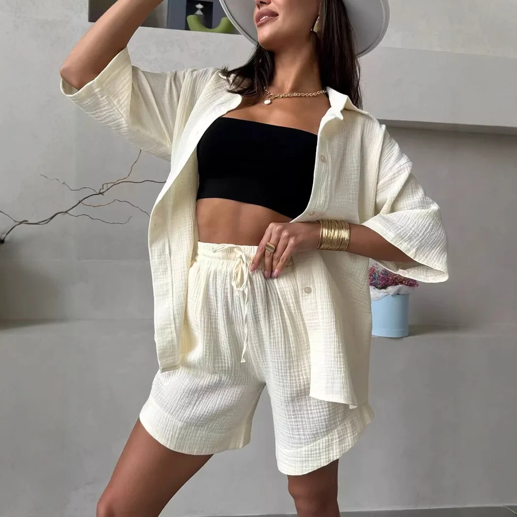 

2025 новый комплект с длинными рукавами и шортами на шнурке для повседневной женской одежды