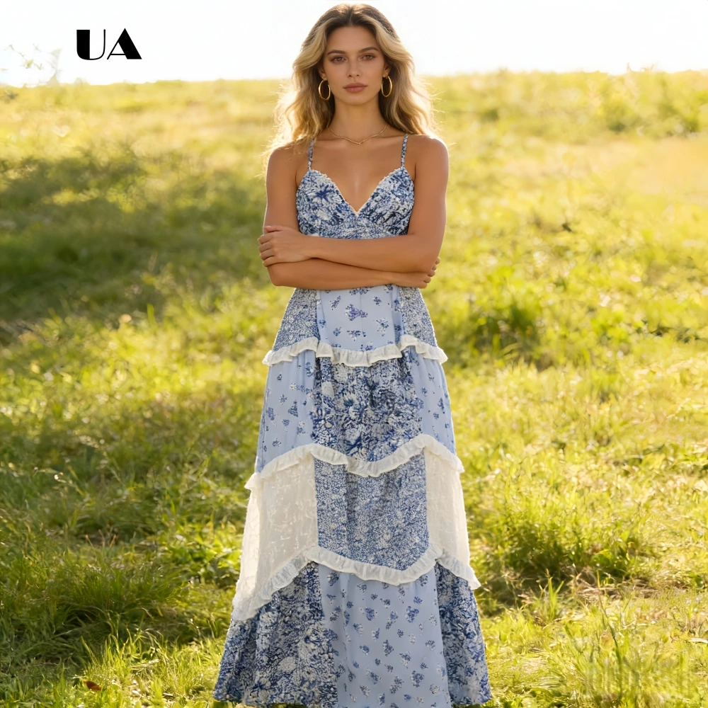 

ULBYANRY Casual Lace Patchwork Printed Long Dress with Spaghetti Strap, Romantic Sleeveless Maxi Dress, Beach Style A-line Dress