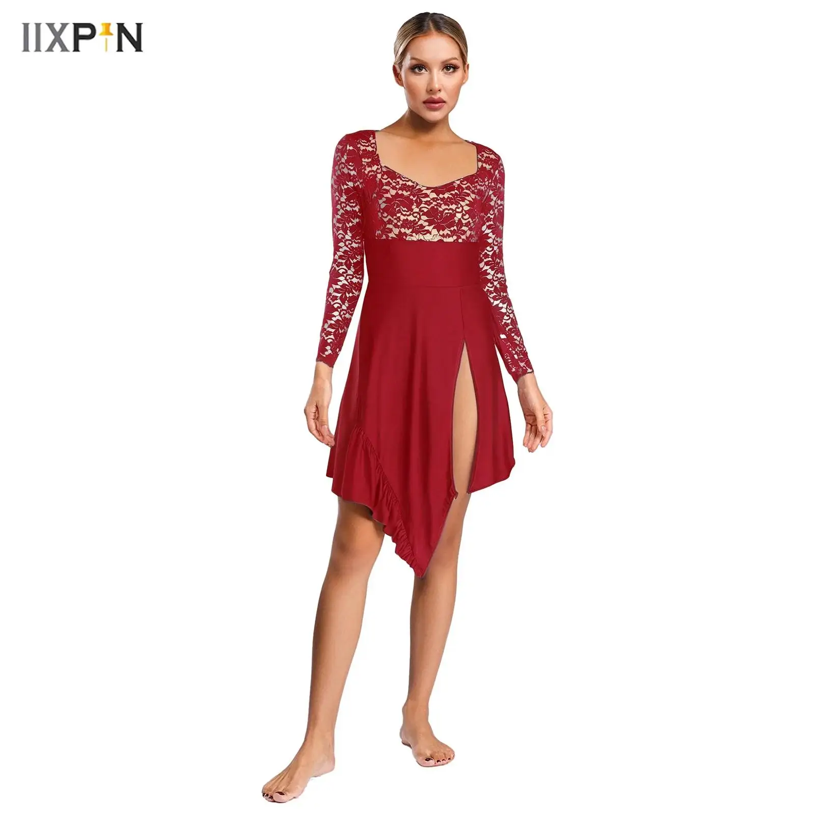 

Womens Ballet Dress Lyrical Dance Dress Floral Lace Long Sleeve Backless Ruffled Irregular Hem Leotard Dress Ballroom Dancewear