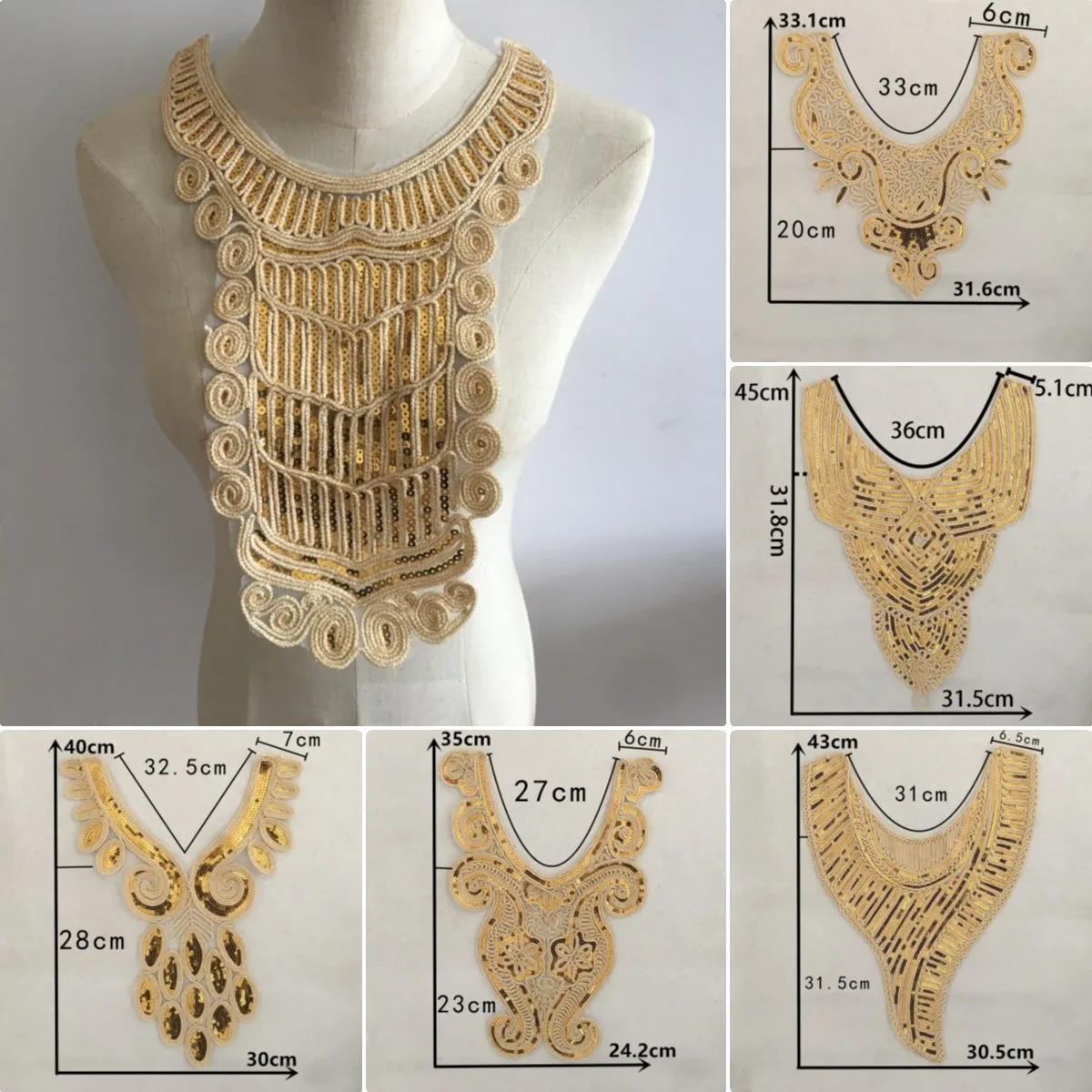 Wholesale sales 1-10 pieces golden embroidery dacron sequin Collar shape decoration sewing lace clothing accessory accessories