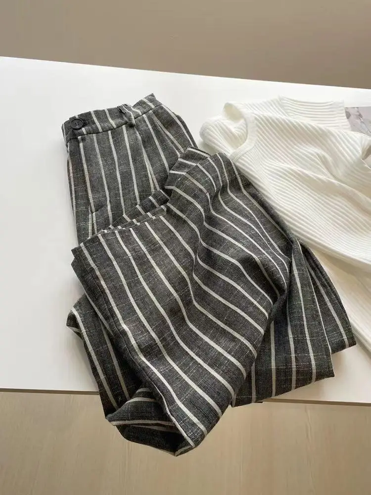 

Elegant High Waist Wide Leg Pants Vertical Stripes Casual Straight Cut Long Trousers for Commuting Slimming Aesthetic