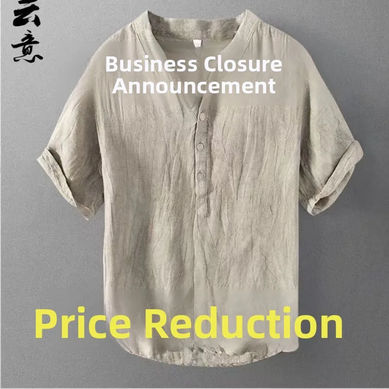 Pure Linen Short Sleeve T-Shirt Men's Summer Loose Thin V-Neck Casual Vintage Half Sleeve Linen Material Body Citywalk Shirt