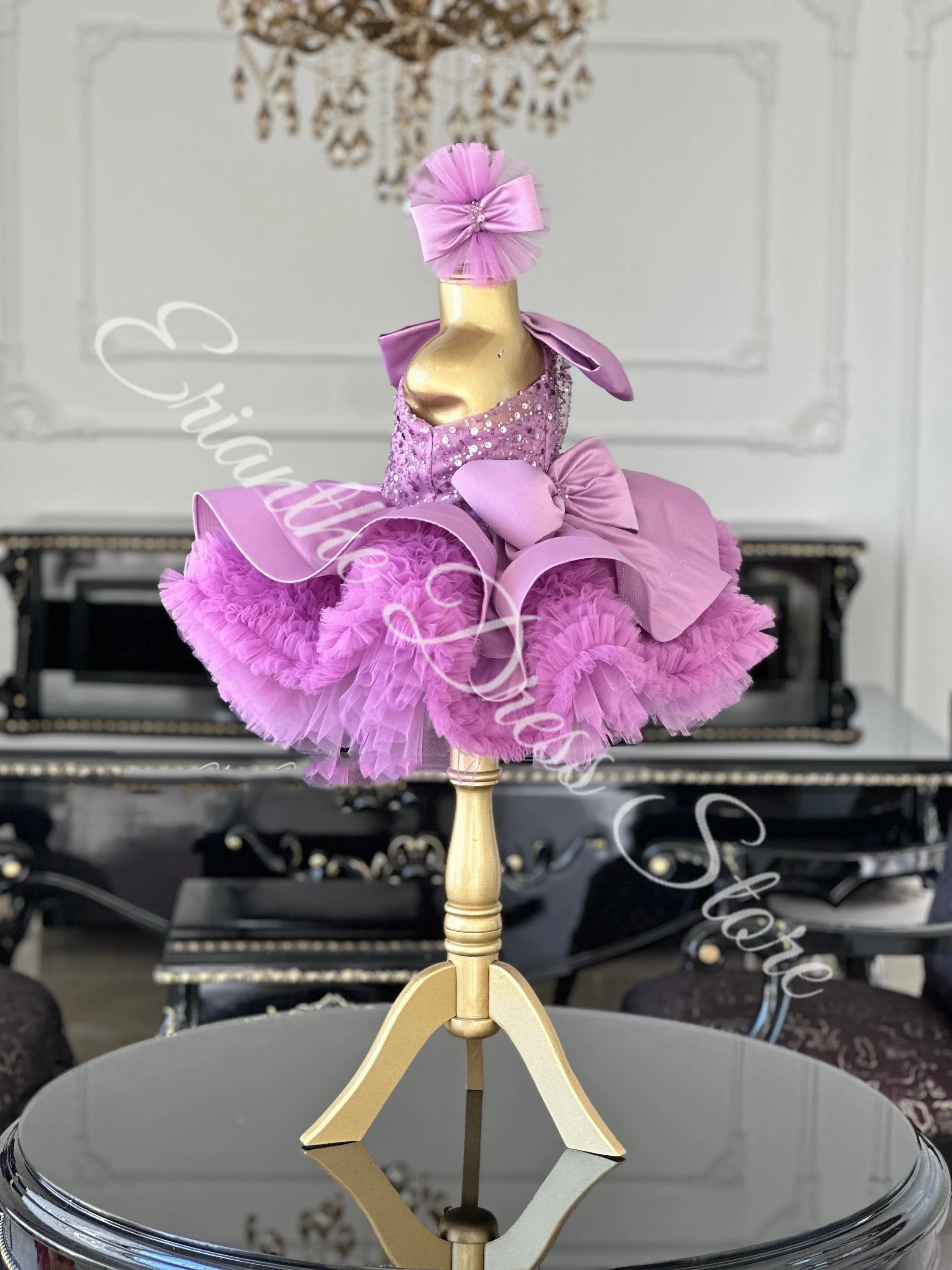 فستان فتاة الزهور لحفلات الزفاف منتفخ من التول مع فيونكة فستان أنيق لحفلات أعياد الميلاد وحفلات التواصل الأول مخصص #3