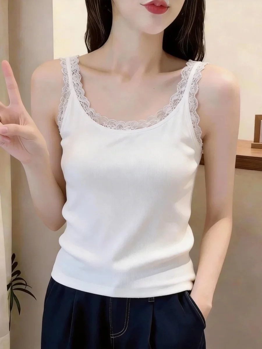 Women's Slim Fit Tank Top Lace Trim 95 Cotton Backless Base Layer Summer New Style plus Size Inner And Outer Wear