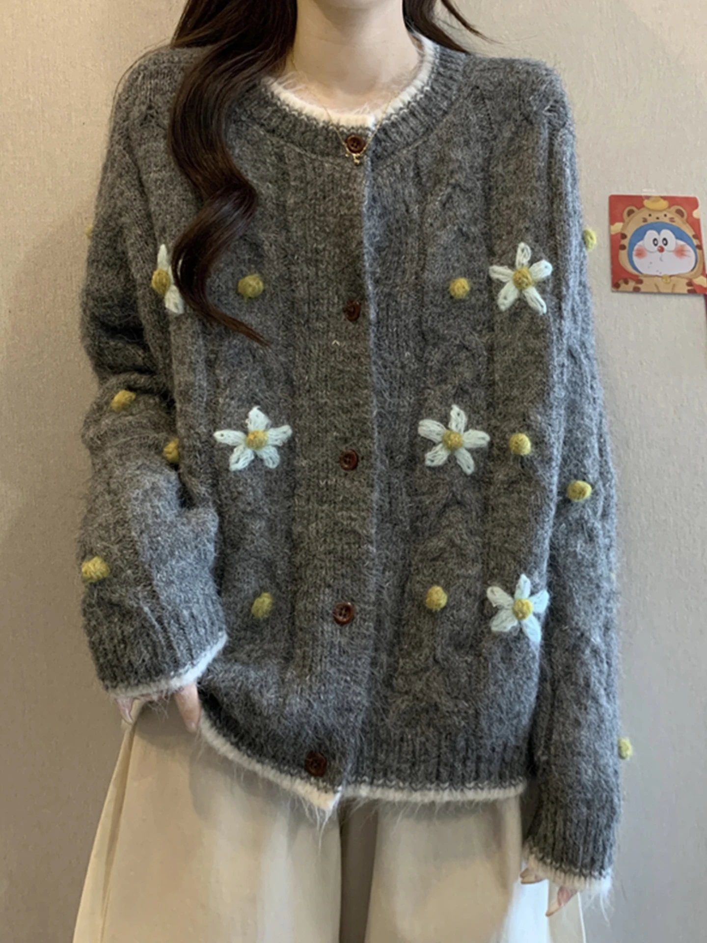 

Ladies Large Size Knitted Open Cardigan Embroidered Flower Outerwear Sweater Super Cute Casual Sle Autumn Winter Faion