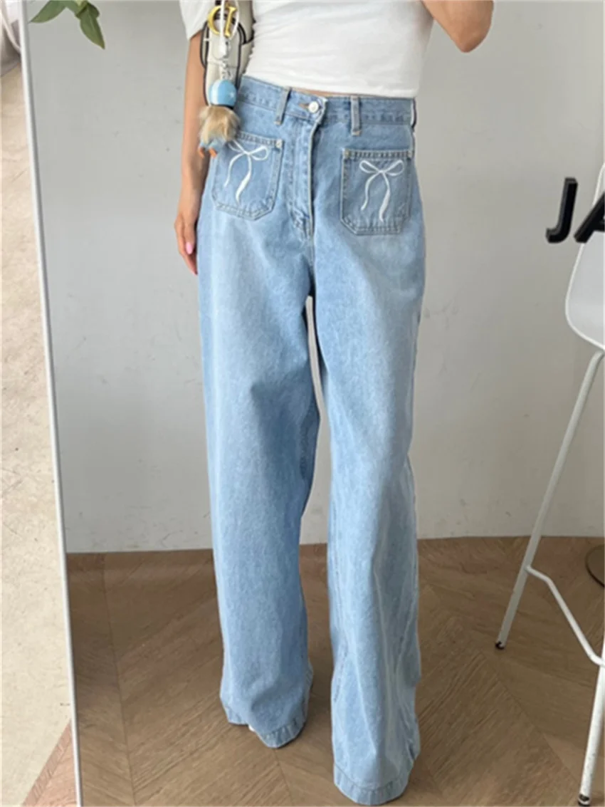 Alien Kitty Summer Straight Jeans Mopping Pants Women Bow Daily Casual 2024 All Match High Waist Fashion Office Lady