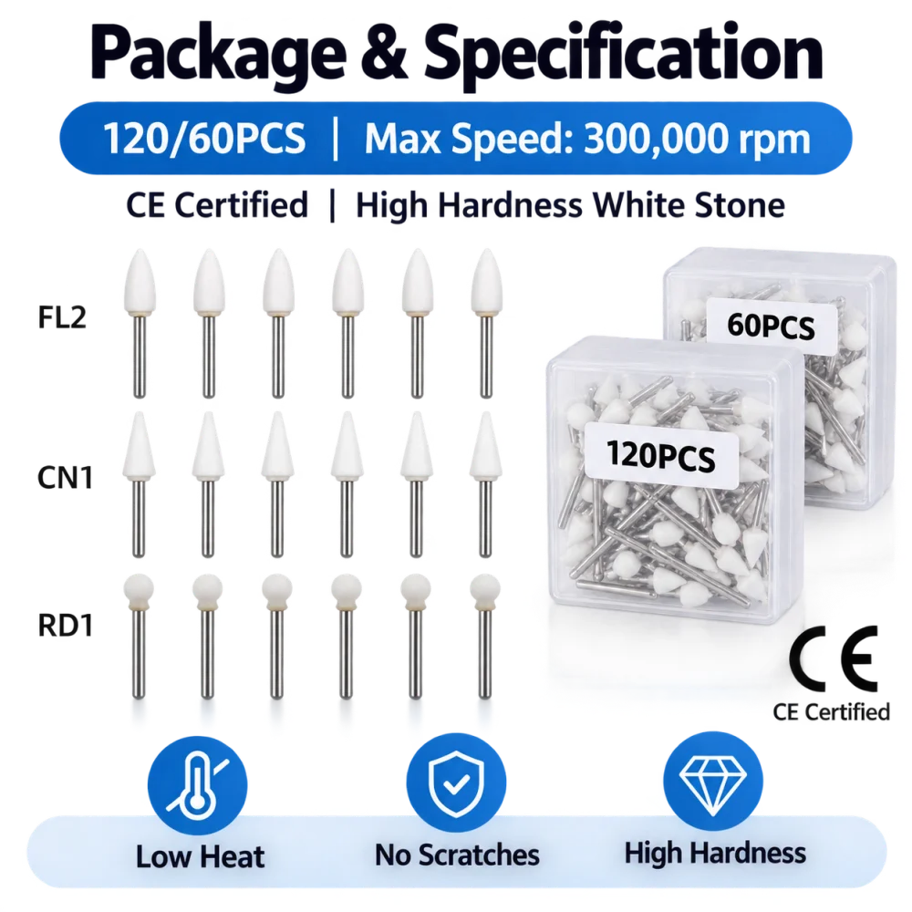 120/60PCS White Polishing Stones Flame FG Bur Drills Arkansas Stone FL2 CN1 RD1 for Finishing Porcelain Enamel & Composite