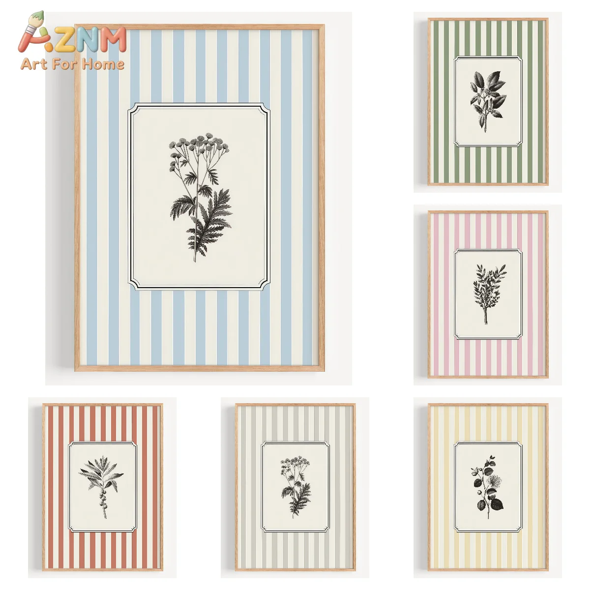 AZNM Vintage Botanical Canvas Print Color Striped Background Black White Herb Sketch Minimalist Retro Floral Wall Poster Unframe