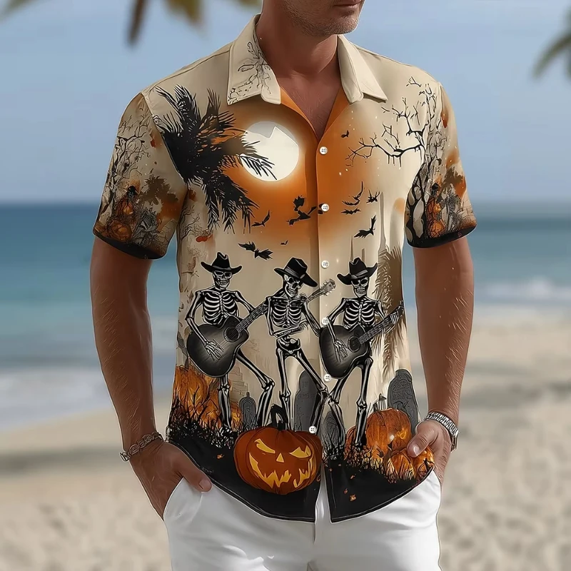 

2025 New Men's Shirts Halloween Themed Shirt Button Shirt Short Sleeve Dark Punk Gothic Style Holiday Streetwear Harajuku Tops