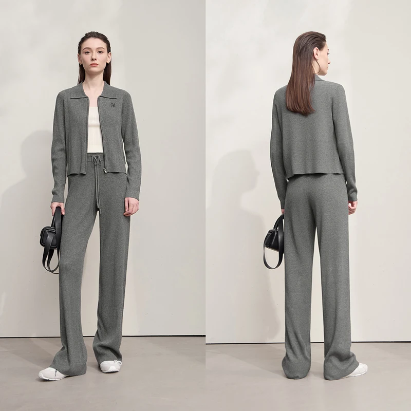 AMII Cardigan for Women 2025 Autumn New Minimalist Commuter Embroidery Versatile Slim Knitting Casual Wide-leg Trousers 12543128