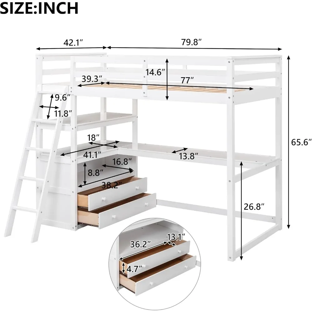 Full Size Loft Bed with Desk Solid Wooden Loft Bed Frame with Two Built Drawers and Shelves, High Loft Bed with Safety Guardrail