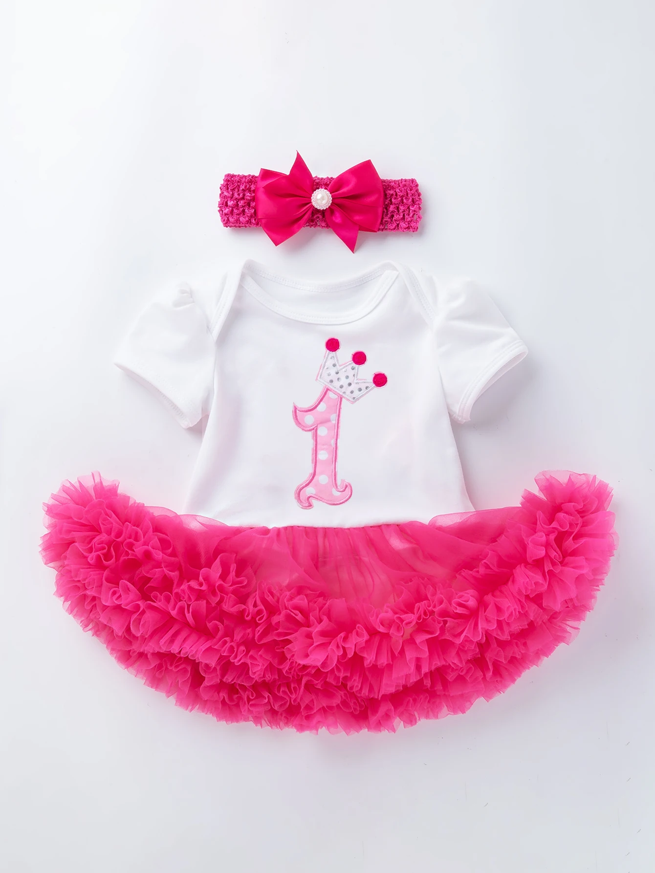 

Baby Girls 1st Birthday Outfit Cupcake/Crown Number 1 Print Bodysuit Hot Pink Tutu Skirt Bow Headband 3Pcs Party Costume