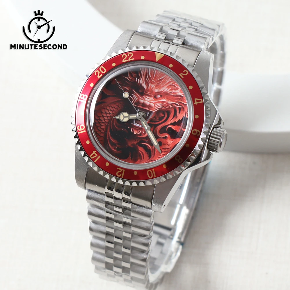 

RED Dragon Dial Men's Watches Vintage 39.5MM NH35 Watch Automatic Mechanical Movement Watch Sapphire Crystal Jubilee Strap NH35