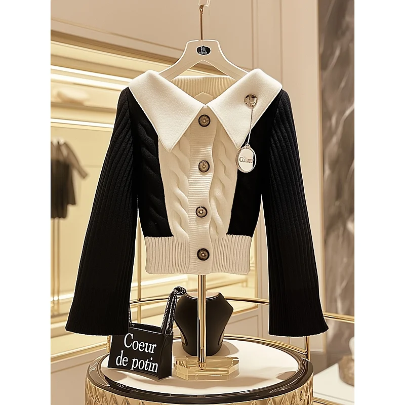 

Корейский модный женский вязаный свитер на раннюю весну, черно-белый кардиган, свободный крой, длинный свеч Po...