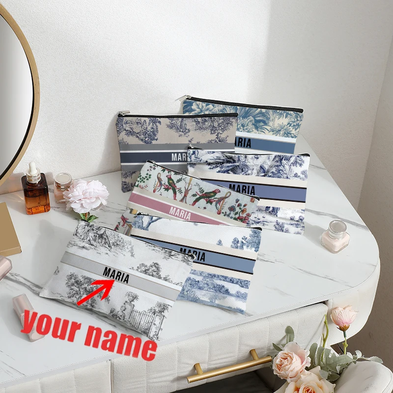 Customized French Toile De Jouy Village Country Pattern Makeup Cosmetic Bag Personalized Wedding Purse Bridesmaid Gifts Pouch