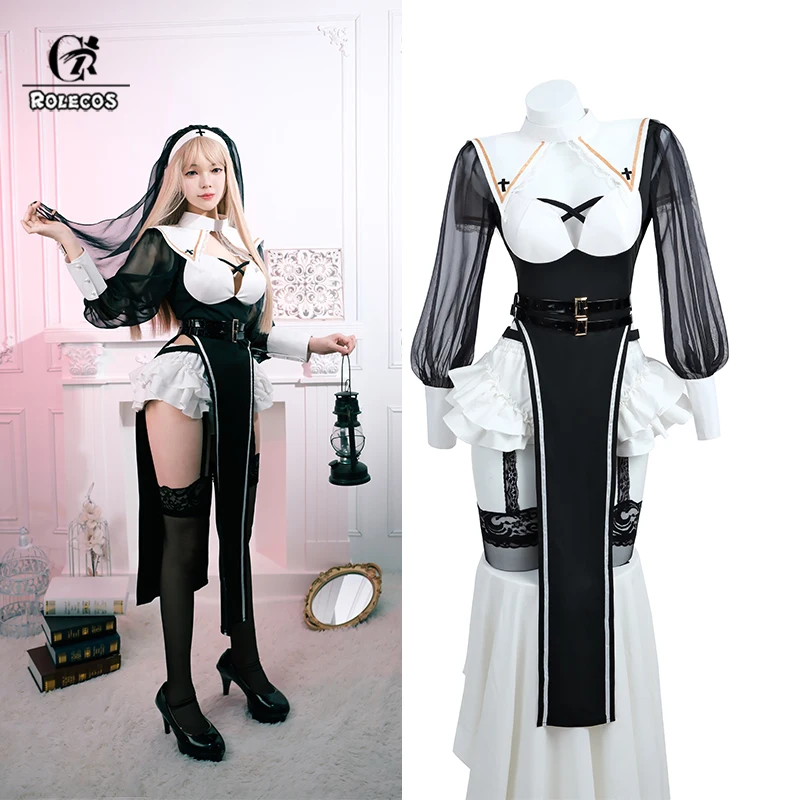 Rolecos Nonne Cosplay Kostüm Frauen Uniform Set-Party Halloween Outfit Erwachsene Nonne Kleid schwarze Kleidung Maskerade Show Kostüme