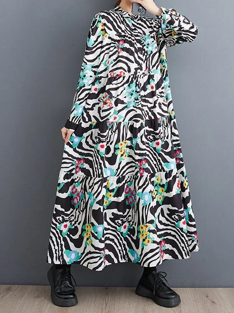 

XITAO Casual Print Dress Loose Fashion Stand Collar Long Sleeve Women Initial Spring New Pullover A-line Dress 2025 LYD1470