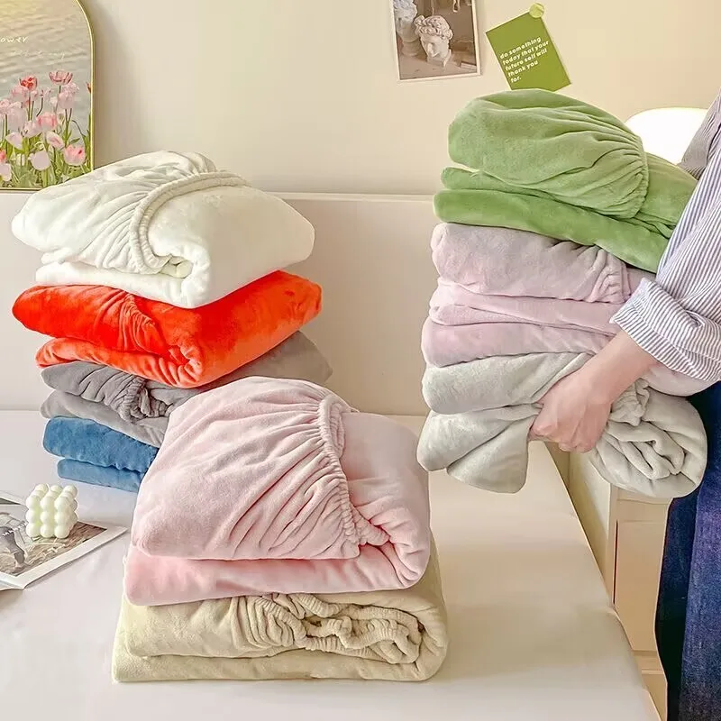 Single/Double/King Size Plush Bedspread Milk Fleece Fitted Sheet Solid Color Elastic Full Coverage Bedding Mattress Protector