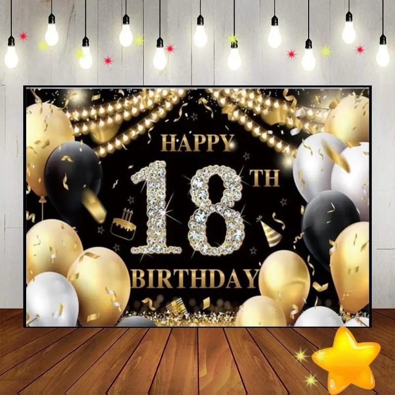 Happy 18th Birthday Party Background Baptism Backdrop Banner Game Machine Boy Schoolring Decoration Children Golden Smash Cake