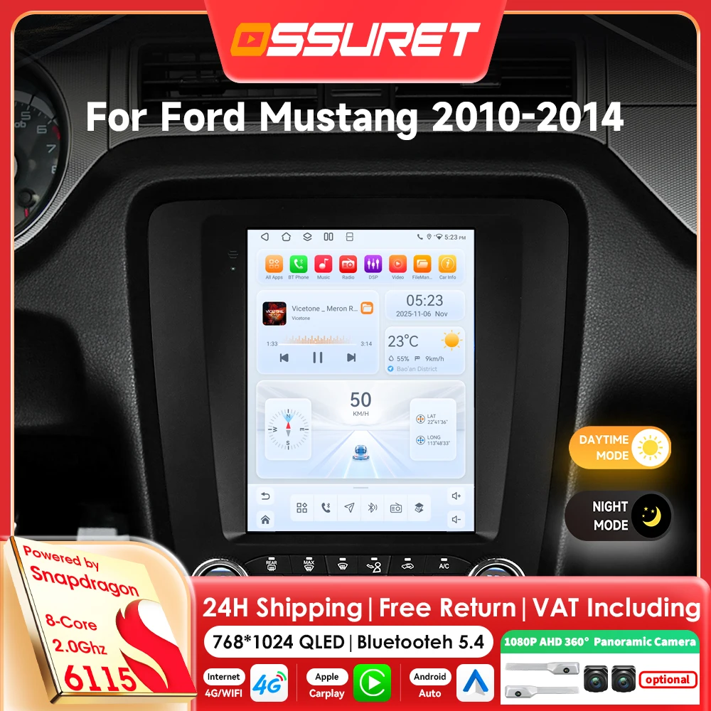 9,7-Zoll 8-Kern Carplay Android 14 Autoradio für FORD Mustang 2010-2014 Multimedia-Player mit Snapdragon 6115 GPS Stereo 360-Grad-Kamera-Bildschirm