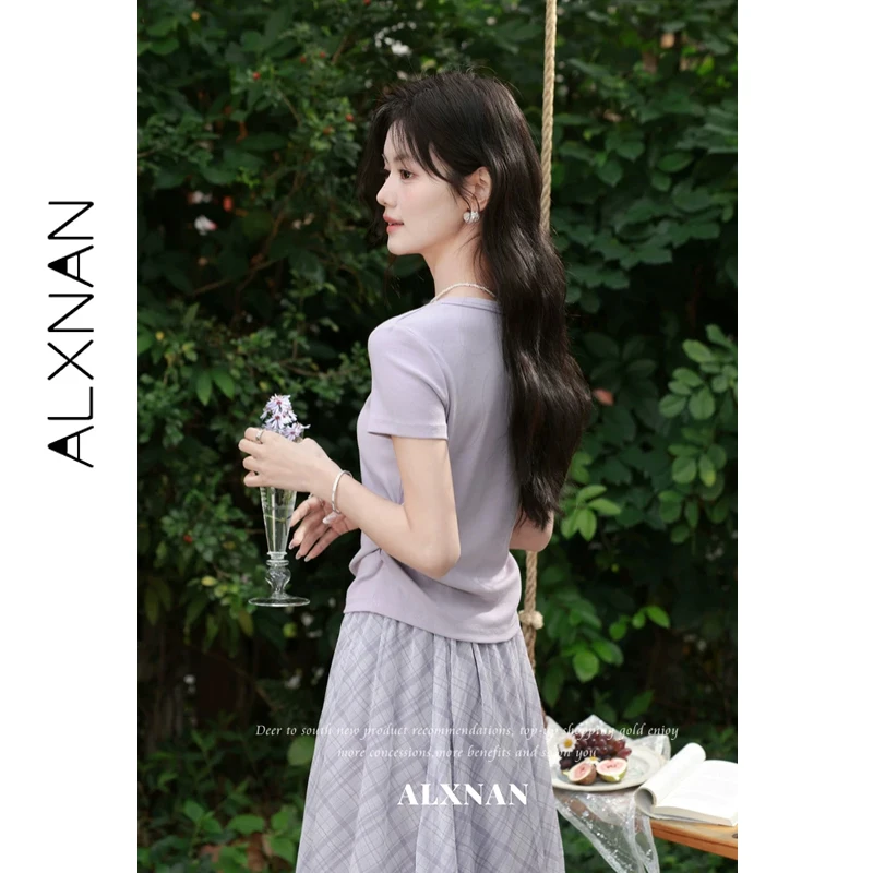 

ALXNAN Purple T-shirt Elegant Square Neck Waist Pleated Casual Women's T-shirt Minimalist Fashion Basic Short Sleeve Tops L63213