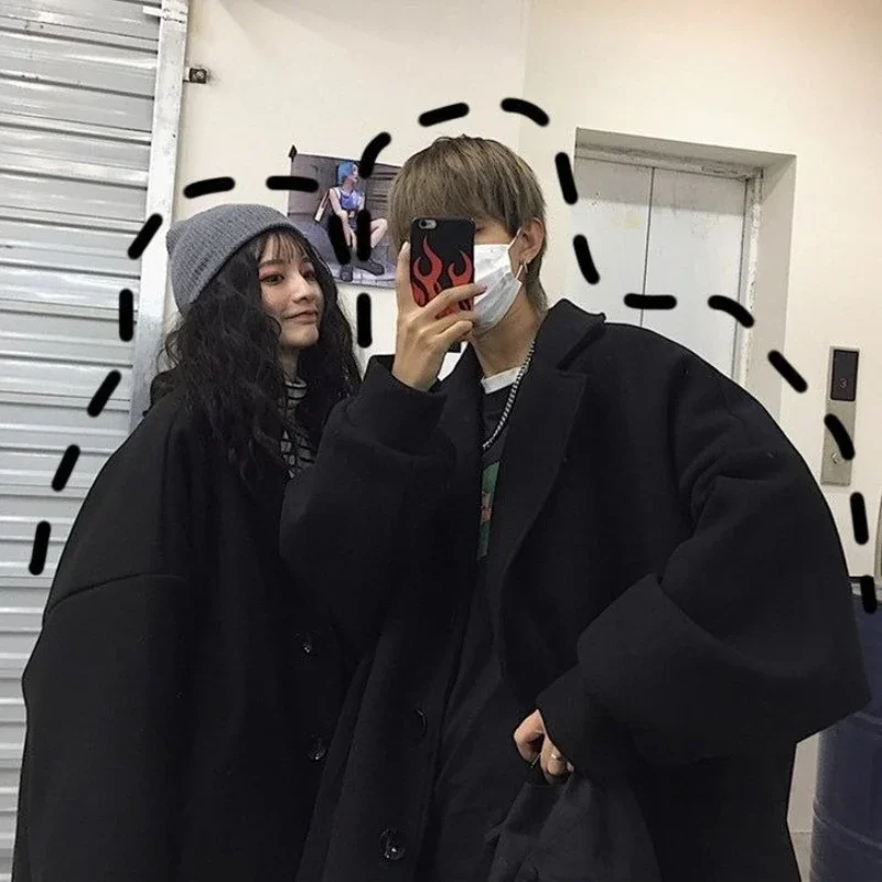 

Vintage Thick Wool Coat Women Korean Loose Fit Black Mid Length Blazer Winter Warm Plush Jacket for Girls Formal Tweed Coat