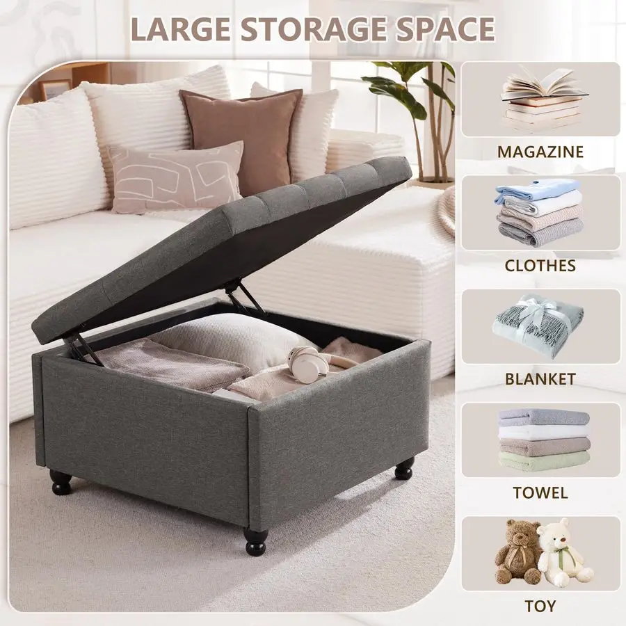 Inch Large Square Storage Ottoman Coffee Table, Oversized Square Ottoman with Storage, Tufted Upholstered Coffee Tables for Liv